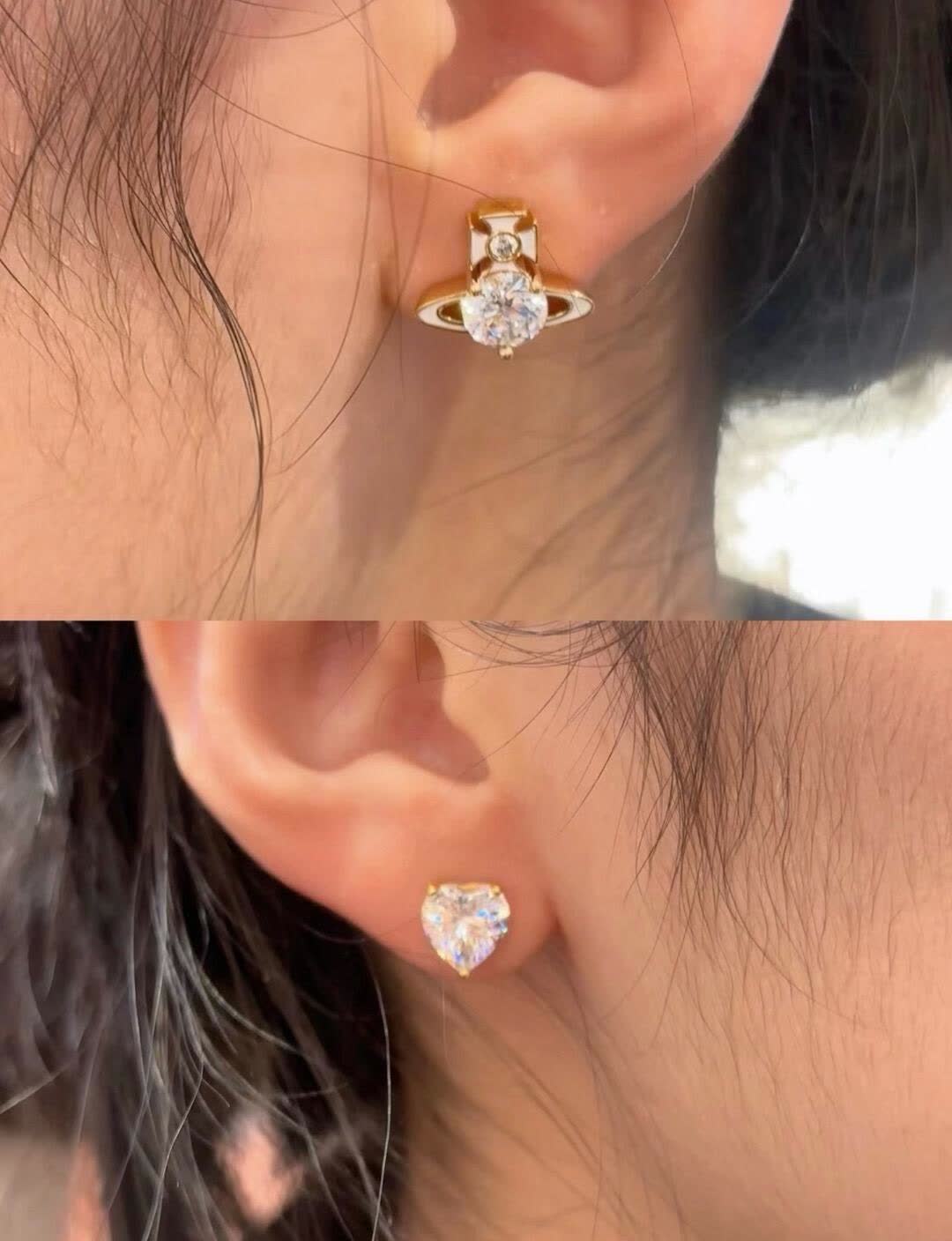 Vivienne Westwood Gold Plated Round and Heart Shaped Stud Earrings with Clear Stones